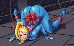 5_fingers all_fours ass bent_over blonde_hair blue_eyes bodysuit breast_press colored colorized dat_ass edit feet female female_only fully_clothed gift_wrapped human lace legoman long_fingernails metroid nail_polish nintendo open_mouth painted_fingernails painted_nails png ponytail ribbon samus_aran shiny_clothes smile solo soubriquetrouge space spaceship third-party_edit tied_hair tight_clothes tight_clothing wink wrapped zero_suit zero_suit_samus