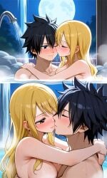 ai_generated fairy_tail gray_fullbuster hot_springs kissing lucy_heartfilia moonlight night_sky pixai romantic