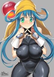 1990s_(style) android artist_name bandana bare_shoulders big_breasts blue_hair blush bodysuit breasts curvy female female_focus female_only gloves green_hair huge_breasts light-skinned_female light_skin lime_(saber_j) long_hair looking_at_viewer nipples no_bra obui retro_artstyle saber_marionette_j simple_background solo standing sweat thick_thighs thong voluptuous wide_hips