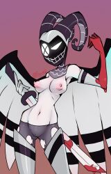 1girls 1monster blood demon_girl demon_horns exorcist_(hazbin_hotel) fanart female_only hazbin_hotel lute_(hazbin_hotel) pugums sword tits_out wings