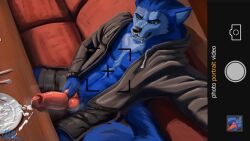 anthro bad_wolf bodily_fluids canid canine canis cum digital_media_(artwork) erection exhibitionism genital_fluids genitals hallas hi_res knot male male_only mammal nude penis public simple_background smile solo tail wolf