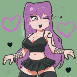 1girls 5_fingers black_skirt black_topwear breasts cleavage clothed clothed_female clothes clothing doki_doki_literature_club female goth goth_girl gothified heart hearts long_hair midriff mouth_open one_eye_closed open_mouth purple_eyes purple_hair radiaxal skirt star topwear wink winking yuri_(doki_doki_literature_club)
