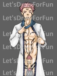 1boy 1male anime artist_request censored censored_penis demon demon_boy distracting_watermark heavily_censored itadori_yuuji jujutsu_kaisen male male_only naked_male penis request ryoumen_sukuna_(jujutsu_kaisen) solo solo_male tattoo tattoos