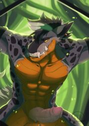 1boy abs anthro crocodile crocodilian erection fangs fur furrypuddingthegreat hair hybrid knot looking_at_viewer male male_only muscular muscular_male nude precum reptile scalie smile solo solo_focus teeth