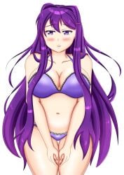 1female 1girls blush blush bra breasts cleavage collarbone doki_doki_literature_club female girl hair_intakes long_hair matching_underwear neeyooart neogustav panties purple_bra purple_eyes purple_hair purple_panties yuri_(doki_doki_literature_club)