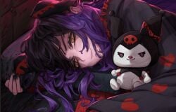 1boy bangs black_nails closed_mouth gradient_hair horns kurumi_(vtuber) long_hair long_sleeves looking_at_viewer lying male_focus multicolored_hair nail_polish on_side purple_hair smile solo solo_male stuffed_animal stuffed_toy upper_body yellow_eyes