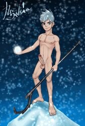 1boy animated barefoot jack_frost kyuuchan male male_only naked rise_of_the_guardians snow snowing staff topless veiny_penis white_hair