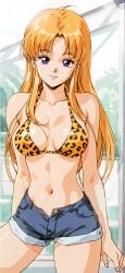 ai_generated jaguar_print jean_shorts legs long_hair maria_(milkywayarts) milkywayarts orange_hair original original_character pixai purple_hair smiling