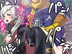 1boy 1girls blush boris_(noborhys) breasts captain_falcon censored clothed_sex crossover doggy_style f-zero fire_emblem fire_emblem_awakening implied_sex large_breasts nintendo robin_(fire_emblem) robin_(fire_emblem)_(female) straight super_smash_bros. text white_hair wince