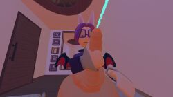 1femboy bat_wings bunny_ears demithefemboy05 femboy handjob purple_clothing purple_hair rec_room rec_room_avatar splenda_(rec_room) square_glasses stroking_penis