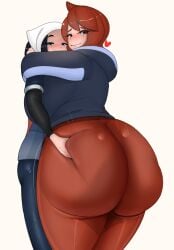 2022 2girls akari_(pokemon) arezu_(pokemon) ass ass_dough ass_focus ass_grab ass_shot ass_worship back_view blue_hair bubble_butt deep_skin female female_only fladdykin hi_res huge_ass large_filesize larger_female leggings long_hair massive_ass massive_breasts nintendo pokemon pokemon_legends:_arceus revision simple_background sinking_grip size_difference smug smug_face smug_grin thick_as_fuck thick_ass thick_thighs thighs thunder_thighs too_much_to_grab uncompressed_file venus_body very_high_resolution white_background yuri