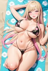 1girls ai_generated bikini blonde_hair highlights huge_breasts kitagawa_marin laying_down lewdwaifulaifu looking_at_viewer on_back pink_eyes slim_waist sono_bisque_doll_wa_koi_wo_suru