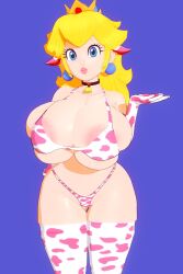 1girls alternate_breast_size bikini cow_print cow_print_bikini cyshen female female_only huge_breasts mario_(series) princess_peach princess_peach:_showtime! solo solo_female