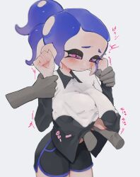 1girls 2others blue_hair blush breast_grab breasts dolphin dolphin_shorts doro_mizu_831 grabbing grabbing_another's_breast grabbing_breasts groping hand_under_clothes hand_under_shirt molestation octoling octoling_girl partially_unbuttoned ponytail restrained splatoon splatoon_(series) tentacle tentacle_hair waka-chan_(doro_mizu_831)