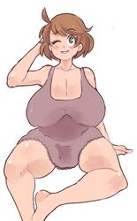 ahoge bbw big_breasts blush breasts brown_hair cleavage green_eyes hand_behind_head huge_breasts inkerton-kun inkuusan large_breasts mama-chan milf nightgown one_eye_closed one_hand_behind_head rosy_cheeks sagging_breasts shiny shiny_skin sitting smile smiling thick_thighs wink