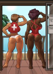 2girls ass ass_focus back back_view bare_arms bare_legs bare_shoulders bare_thighs big_ass big_breasts big_butt black_hair brown_hair clothed clothing color dark-skinned_female dark_skin female female_focus female_only fit_female hi_res large_breasts laura_reed lifeguard lifeguard_swimsuit light-skinned_female light_skin multiple_girls muscles muscular muscular_female my_mom_and_sister_are_size_queen_sluts older_female rabies-t-lagomorph rear_view short_hair slutwr1ter solo_female sunglasses swimming_trunks swimsuit tagme thick_thighs vera_herron younger_female