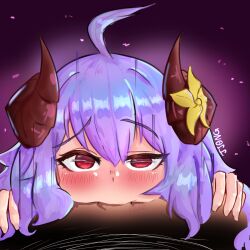 blowjob deepthroat female horns jjong kindred lamb_(league_of_legends) league_of_legends light_skin looking_at_viewer pov purple_hair red_eyes spirit_blossom_kindred spirit_blossom_series