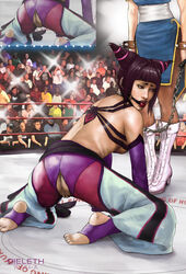 2girls anus ass ball_gag black_hair bondage boots capcom chains chun-li collar defeated dieleth female fighting_ring gag gagged human humiliation juri_han kneeling mouth_gag multiple_girls pantyhose penalty_game public pussy standing stirrup_legwear street_fighter toeless_legwear torn_clothes uncensored underboob voyeur wrestling_ring