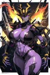 1robot_girl ai_generated airachnid armor armored_female big_breasts cleavage cybertronian large_breasts metal_breasts purple_eyes roger1011 transformers transformers_prime