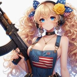 ai_generated america american american_flag blonde_hair gun national_personification overalls tagme