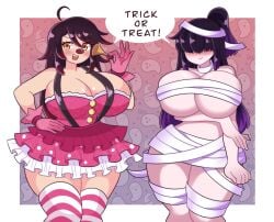 2girls amber_eyes big_breasts blush clown_girl dark_hair eyes_covered half_naked halloween_costume huge_breasts lilith_(oc) long_hair mummy_costume smile sorceress_sophia stockings striped_legwear thick_thighs