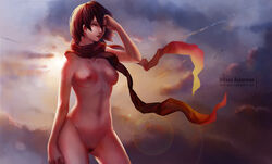 1girls attack_on_titan black_hair breasts cloudy_sky ecchi_pantsu female female_only lens_flare mikasa_ackerman nipples nude pubic_hair scarf short_hair solo standing