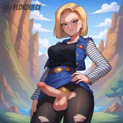 ai_generated android_18 balls belt black_pantyhose black_shirt blonde_hair blue_eyes blue_skirt denim_vest dragon_ball_z erect_penis erection flordulce futa_only futanari hand_on_hip landscape long_sleeves outdoors pantyhose penis pubic_hair ripped_pantyhose seductive seductive_look seductive_smile short_hair skirt solo_futa standing striped_sleeves testicles