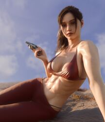 1girls 3d bikini_top blue_eyes brown_hair claire_redfield claire_redfield_(jordan_mcewen) clothing female female_focus female_only firearm fully_clothed handgun human light-skinned_female muscular_women pale_skin resident_evil resident_evil_2 resident_evil_2_remake revolver solo solo_female thong thong_straps toned vexonair weapon