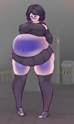 1girls ass_expansion belly_expansion big_ass big_belly big_breasts big_thighs black_hair black_shoes black_skirt black_sweater black_thighhighs blue_skin blueberry_inflation breast_expansion expansion ferrousingot hand_on_breast inflation light-skinned_female navel shoes short_hair skin_turning_blue skirt sweater thighhighs