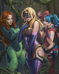 2d 3girls adapted_costume areola_slip ball_gag batgirl batgirl_(stephanie_brown) batman_(series) belt blonde_hair blue_eyes blue_hair bodysuit breasts busty cleavage closed_eyes corset covered_navel curly_hair dc dc_comics elbow_gloves eyeliner eyeshadow female fishnets garter_straps gloves green-skinned_female green_eyes green_skin harley_quinn large_breasts lipstick long_hair mahenbu makeup mask multicolored_hair new_52 orange_hair pamela_isley poison_ivy red_hair shorts standing stephanie_brown stockings tentacle thighhighs tied_hair twintails two_tone_hair voluptuous