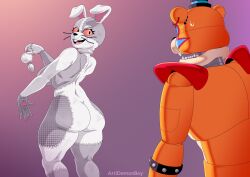 absurd_res animatronic anthro artidemonboy ass bear big_breasts big_butt black_eyes bodily_fluids breasts buckteeth buttplug buttplug_tail clothing costume cotton_tail duo ear_piercing ear_ring eyelashes facial_markings fake_tail fangs female five_nights_at_freddy's five_nights_at_freddy's:_security_breach fur fursuit glamrock_freddy_(fnaf) grey_body grey_fur hat head_markings headgear headwear hi_res holding_buttplug holding_object holding_sex_toy human lagomorph leporid looking_back machine male mammal markings open_mouth open_smile orange_body piercing plug_(sex_toy) purple_background rabbit rear_view red_sclera ring_piercing robot scottgames seam_(sewing) sex_toy shoulder_pads simple_background smile steel_wool_studios stitch_(sewing) studded_bracelet sweat sweatdrop tan_body teeth thick_thighs top_hat vanny_(fnaf) whiskers wide_hips