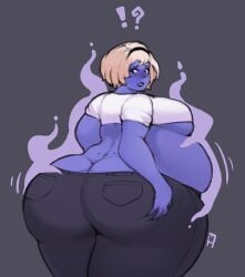 1girls ass_cleavage ass_expansion backboob belly_expansion big_ass big_belly big_breasts black_jeans black_pants blonde_hair blue_skin blueberry_inflation breast_expansion caucasian caucasian_female crop_top expansion ferrousingot grabbing_ass grabbing_own_ass hand_on_ass homestuck inflation jeans looking_back magic magic_inflation rose_lalonde short_hair underboob white_crop_top