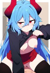 ai_generated blue_hair bored cowgirl_position demon_girl exposed_breasts hoodie_lift horns jitome medium_breasts muzumi_thorns nai_diffusion oc red_eyes sex skirt straight succubus thighhighs unimpressed vaginal_penetration