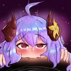 alternate_version_available blowjob deepthroat female horns jjong kindred lamb_(league_of_legends) league_of_legends light_skin looking_at_viewer purple_hair red_eyes spirit_blossom_kindred spirit_blossom_series