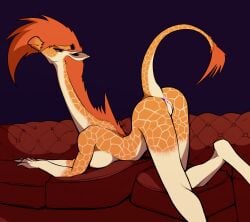 absurd_res all_fours anthro anus ass ass_up athletic athletic_anthro athletic_female big_breasts breast_squish breasts butt_pose female fur furniture genitals giraffe giraffid hair hi_res horn long_legs long_neck long_tail looking_at_viewer looking_back mammal mane mane_hair maris_(xzorgothoth) mohawk narrowed_eyes nipples nude orange_body orange_fur orange_hair orange_mane ossicone pose presenting presenting_anus presenting_hindquarters presenting_pussy pussy rear_view smile smirk sofa solo squish striped_body stripes tail tail_asshole tail_tuft tall tuft white_stripes xzorgothoth yellow_eyes