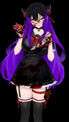 bangs black_background black_bow black_hair black_skirt black_thighhighs blood blood_on_clothes blood_on_face blood_on_hands blood_on_knife blood_on_weapon bow breasts brown_eyes choker colored_inner_hair female frills hair_between_eyes hairbow heart heart_choker holding holding_knife knife kurumi_(vtuber) large_breasts long_hair looking_at_viewer multicolored_hair pleated_skirt purple_hair sailor_collar school_uniform serafuku simple_background skirt smile solo thigh_strap thighhighs two-tone_hair very_long_hair virtual_youtuber weapon yandere