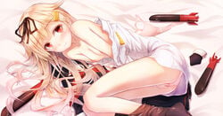 blonde_hair boyogo bra bra_removed breasts female fingering hair_ornament hair_ribbon hairclip kantai_collection long_hair lying masturbation missile nipples off_shoulder on_side pussy_juice red_eyes ribbon solo underwear yuudachi_(kantai_collection)