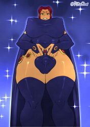 1futa alien alien_futanari alternate_costume balls big_breasts breasts bulge clothed clothing cosplay dittochad futa_only futanari green_eyes huge_breasts humanoid intersex long_socks low-angle_view outerwear partially_clothed penis red_hair solo standing starfire teen_titans thick_thighs thighhighs