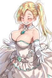 1girls blonde_hair breasts calamity_jane_(fate) cleavage dress ebora fate/grand_order fate_(series) female huge_breasts light-skinned_female light_skin long_hair side_ponytail simple_background wedding_dress youngmanisdown