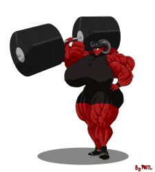 abs biceps big_breasts black_dress black_hair breasts dress female hair horns huge_breasts large_breasts matl muscles muscular muscular_arms muscular_female muscular_legs muscular_thighs pecs red_skin weights