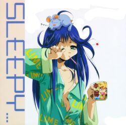 1990s_(style) android blue_hair cup female green_eyes highres lime_(saber_j) long_hair mouse official_art one_eye_closed photoshop_(medium) retro_artstyle saber_marionette_j shimamura_hidekazu solo translation_request unbuttoned