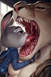 ai_generated anthro extreme_french_kiss french_kiss furry imminent_vore judy_hopps lioness tongue vore