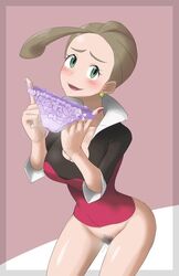 alexa_(pokemon) bottomless brown_hair green_eyes human human_only panties pokemon pokemon_xy pubic_hair pussy_juice