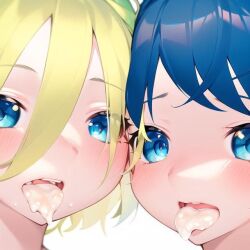 ai_generated blue_eyes blue_hair chris cum cum_in_mouth cum_on_tongue day_when_world_become_free face_to_face hami light_hair looking_at_viewer open_mouth short_hair tongue tongue_out