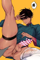 1boy alfi_(tok) anal anus ass black_eyes black_hair censored chinese_clothes closed_mouth collared_shirt covered_nipples dark_skin earrings empty_eyes erection expressionless hair_between_eyes hand_on_another's_ass hand_on_own_forehead hand_on_own_stomach highres jewelry kneepits large_penis leaning_back leg_up looking_at_hand male_focus male_only o-ring o-ring_thigh_strap original penis pov pov_hands shaded_face shiny_skin shirt short_hair sigh simple_background spread_anus spread_legs tan tassel tassel_earrings testicles thigh_strap thighhighs thighs upper_body v white_thighhighs yellow_background