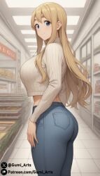 ai_generated ass big_eyebrows blonde_hair blue_eyes from_side gumi_arts human human_only indoors jeans k-on! large_breasts looking_at_viewer looking_back shop smile stable_diffusion sweater thick_thighs tight_pants tsumugi_kotobuki_(k-on!) voluptuous voluptuous_female