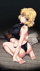 1girls 2d ass bare_shoulders barefoot blonde_hair breasts feet female green_eyes looking_at_viewer looking_back looking_back_at_viewer looking_up looking_up_at_viewer medium_breasts mizuhashi_parsee nipple_bulge nipples ootsuki_wataru pointy_ears short_hair sitting sitting_on_knees soles solo source topwear touhou underwear undressed