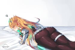 alternate_costume ass ass ass_cleavage ass_focus back back_view backless_outfit black_legwear blonde_female blonde_hair bodystocking breast_press breast_squish breasts bubble_butt dedhed_art earrings elbow_gloves garter_straps large_ass large_breasts long_hair looking_back monolith_soft mythra nintendo official_alternate_costume on_stomach pout short_skirt stockings sweatdrop thick_ass thick_thighs thigh_strap tiara tight_clothing tights white_shirt xenoblade_(series) xenoblade_chronicles_2