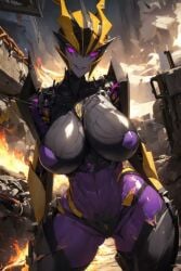 1robot_girl ai_generated airachnid armor armored_female big_breasts cleavage cybertronian large_breasts metal_breasts purple_eyes roger1011 transformers transformers_prime