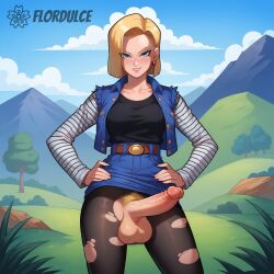 ai_generated android_18 balls belt black_pantyhose black_shirt blonde_hair blue_eyes blue_skirt denim_vest dragon_ball_z erect_penis erection flordulce futa_only futanari hands_on_hips landscape long_sleeves outdoors pantyhose penis pubic_hair ripped_pantyhose seductive seductive_look seductive_smile short_hair skirt solo_futa standing striped_sleeves testicles